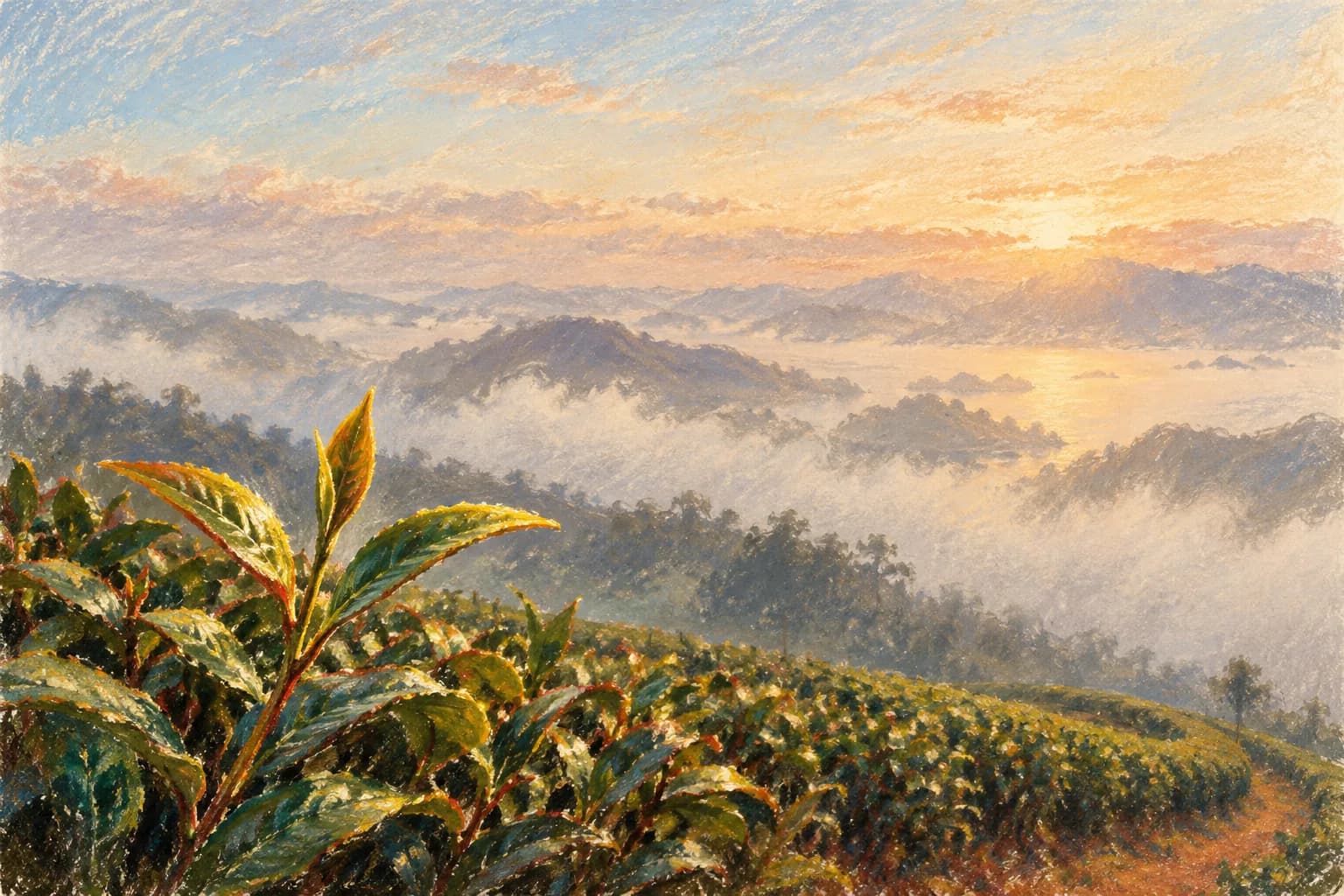 油性粉彩插畫:晨光照在緩坡茶樹梢的一心二葉,坡下的日月潭還藏在霧裡,南投魚池鄉,台灣 — VoucherData 編輯部插畫