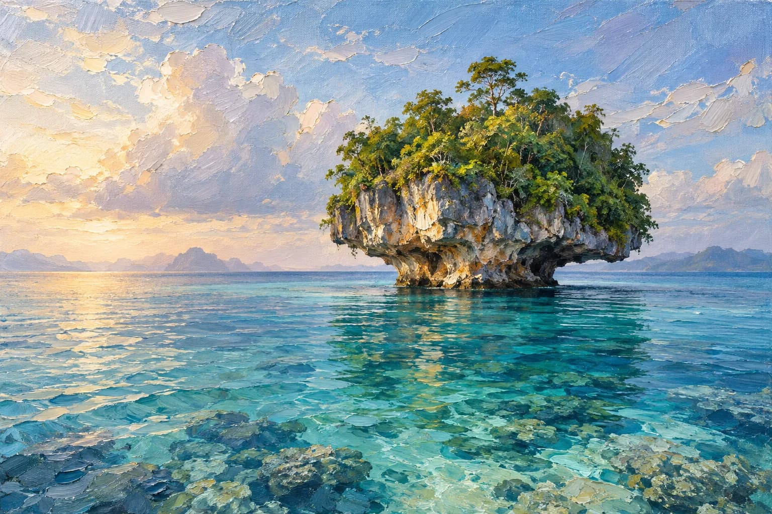 油畫插畫:清澈海水中一座水線被蝕凹、頂上長滿樹林的石灰岩小島,水下看得見珊瑚,四王群島,印尼西南巴布亞 — VoucherData 編輯部插畫