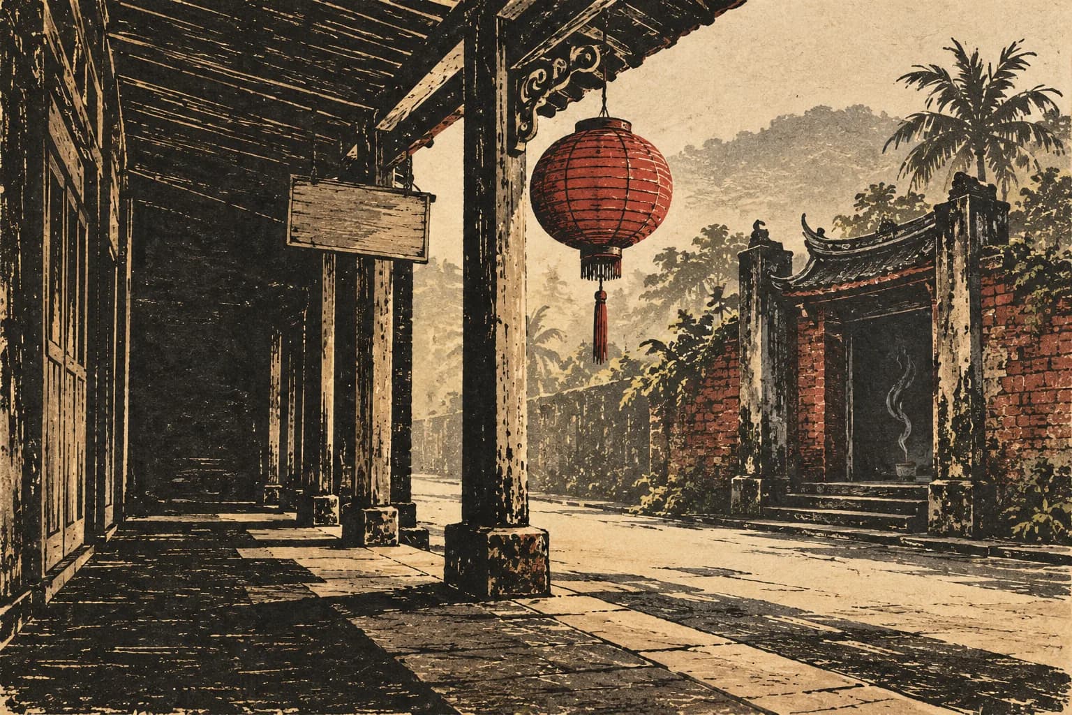 麻膠版畫插畫:店屋騎樓下垂著一盞紅燈籠,幾步外的廟門飄出一縷香煙,西加里曼丹山口洋,印尼 — VoucherData 編輯部插畫