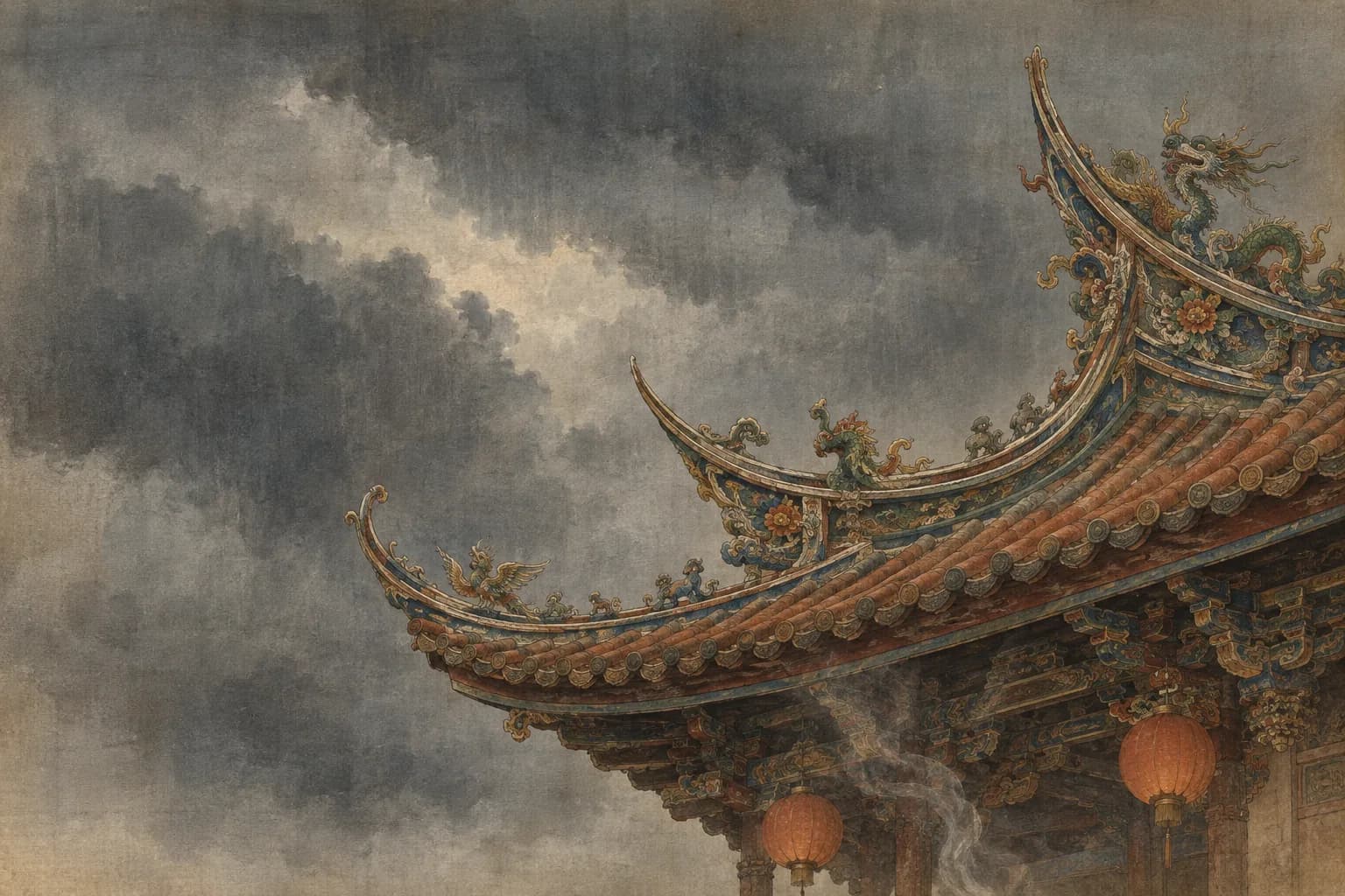 工筆設色插畫:午後雷雨前的濕重天色下,龍山寺燕尾屋脊高高翹起,簷下飄出一縷香煙,台北萬華,台灣 — VoucherData 編輯部插畫