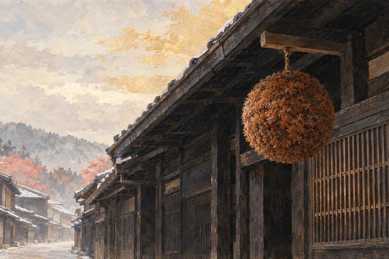 日本畫插畫:酒藏深簷下垂著一顆已轉成褐色的杉玉,旁邊是細密的格子窗,飛驒高山三町老街,日本岐阜 — VoucherData 編輯部插畫