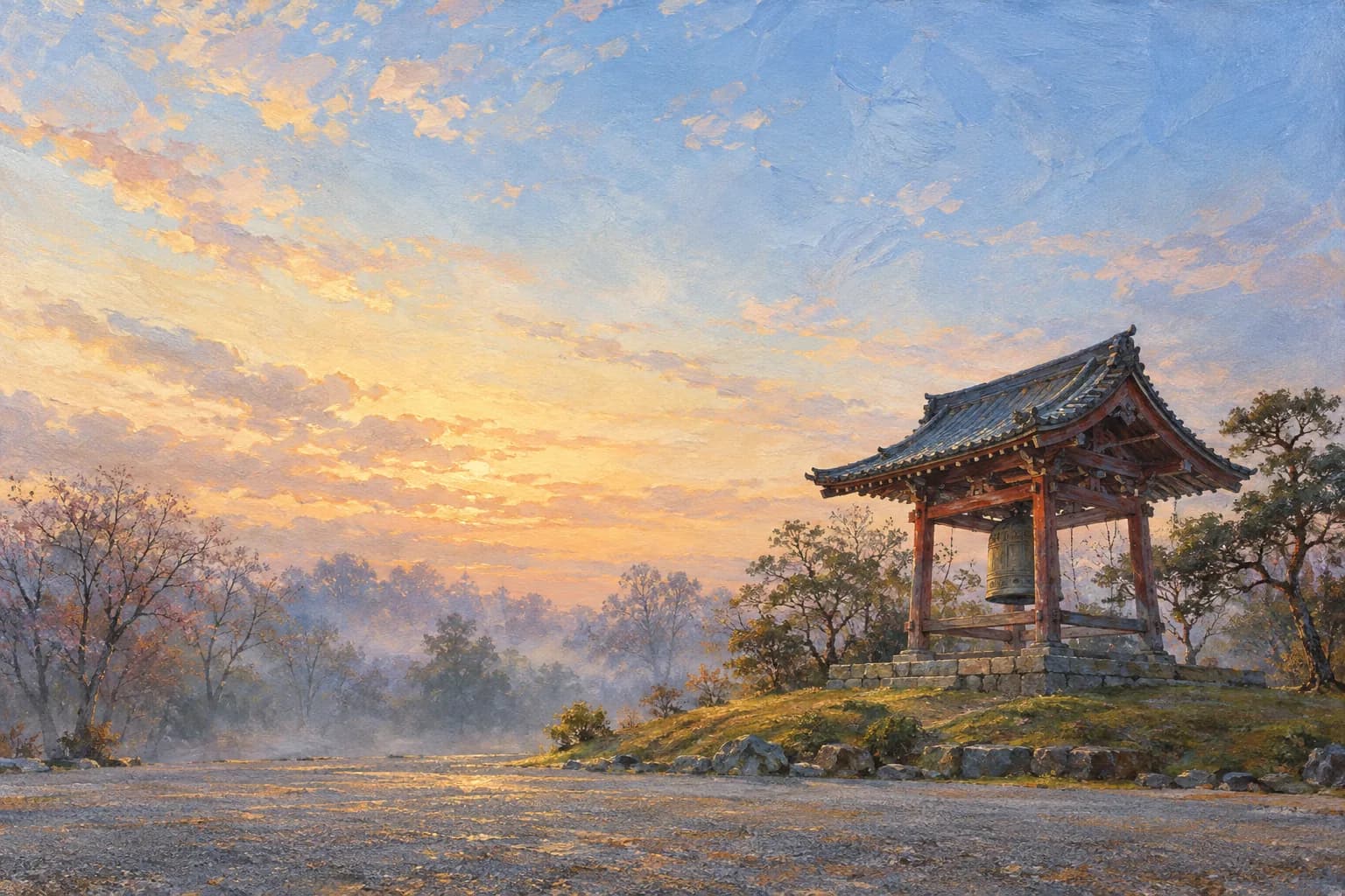 後印象派油畫插畫:清晨薄霧中,小土丘上一座木造鐘樓掛著一口銅鐘,東京淺草寺弁天山,日本 — VoucherData 編輯部插畫