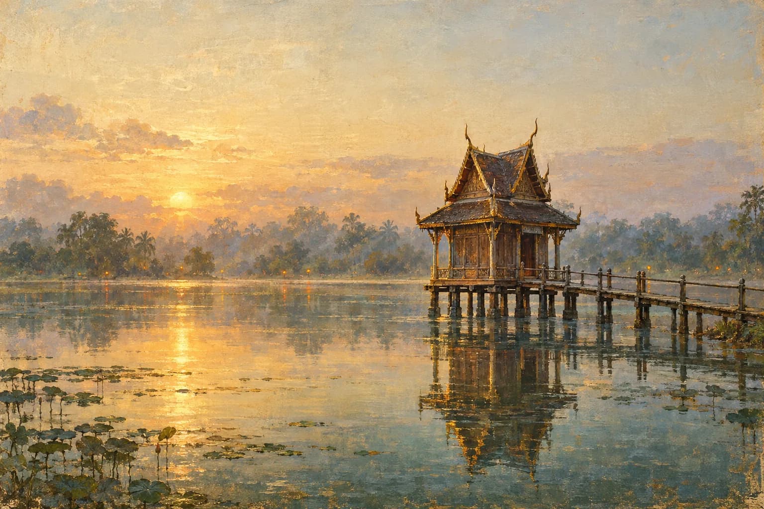 宮廷畫風插畫:黎明時立在水池中央的木造高腳藏經閣,只靠一座木橋連到岸邊,烏汶通西孟寺,泰國 — VoucherData 編輯部插畫