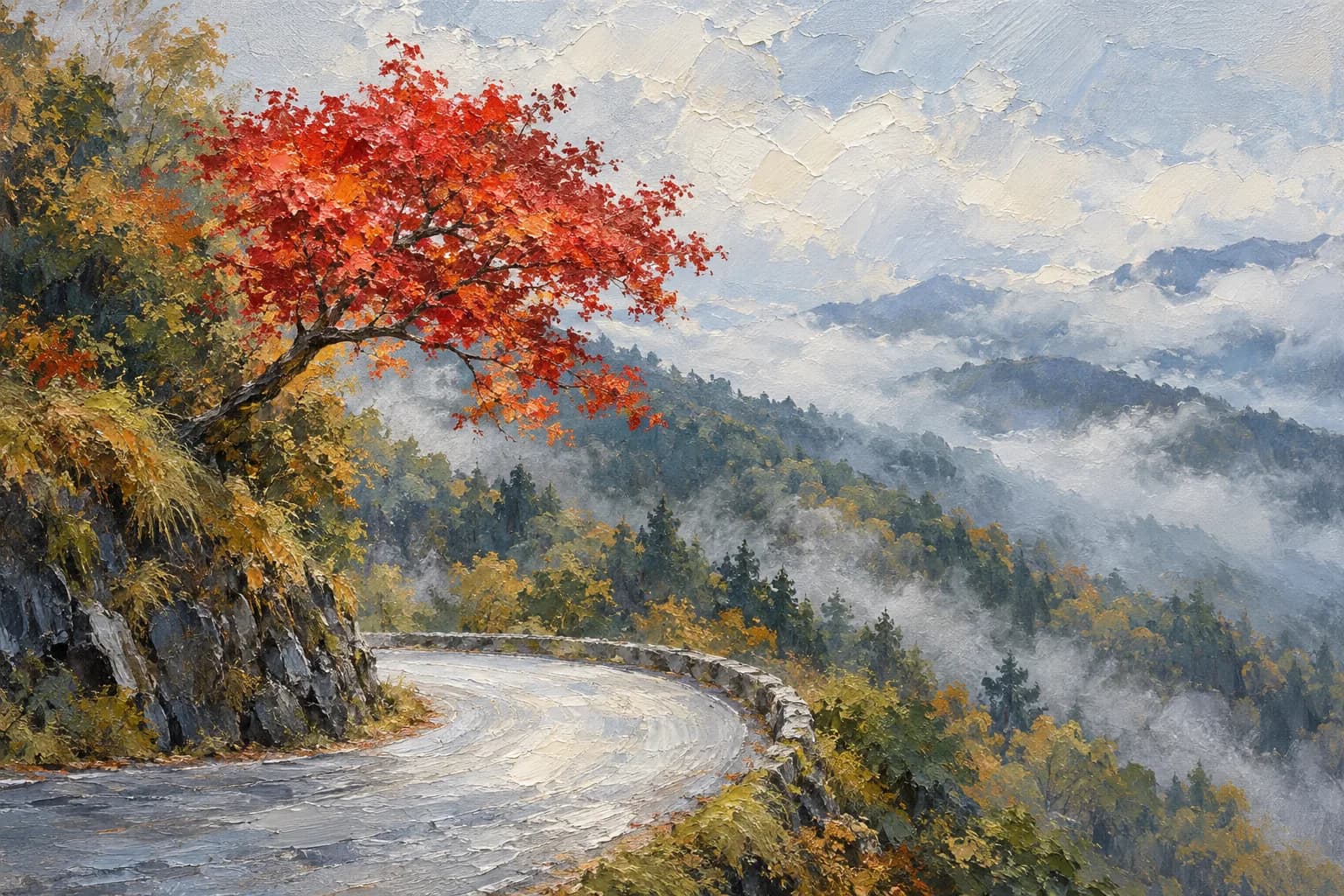 油畫插畫:霧中山路的髮夾彎上方,一棵先轉紅的楓樹,日光伊呂波坂的紅葉,日本 — VoucherData 編輯部插畫