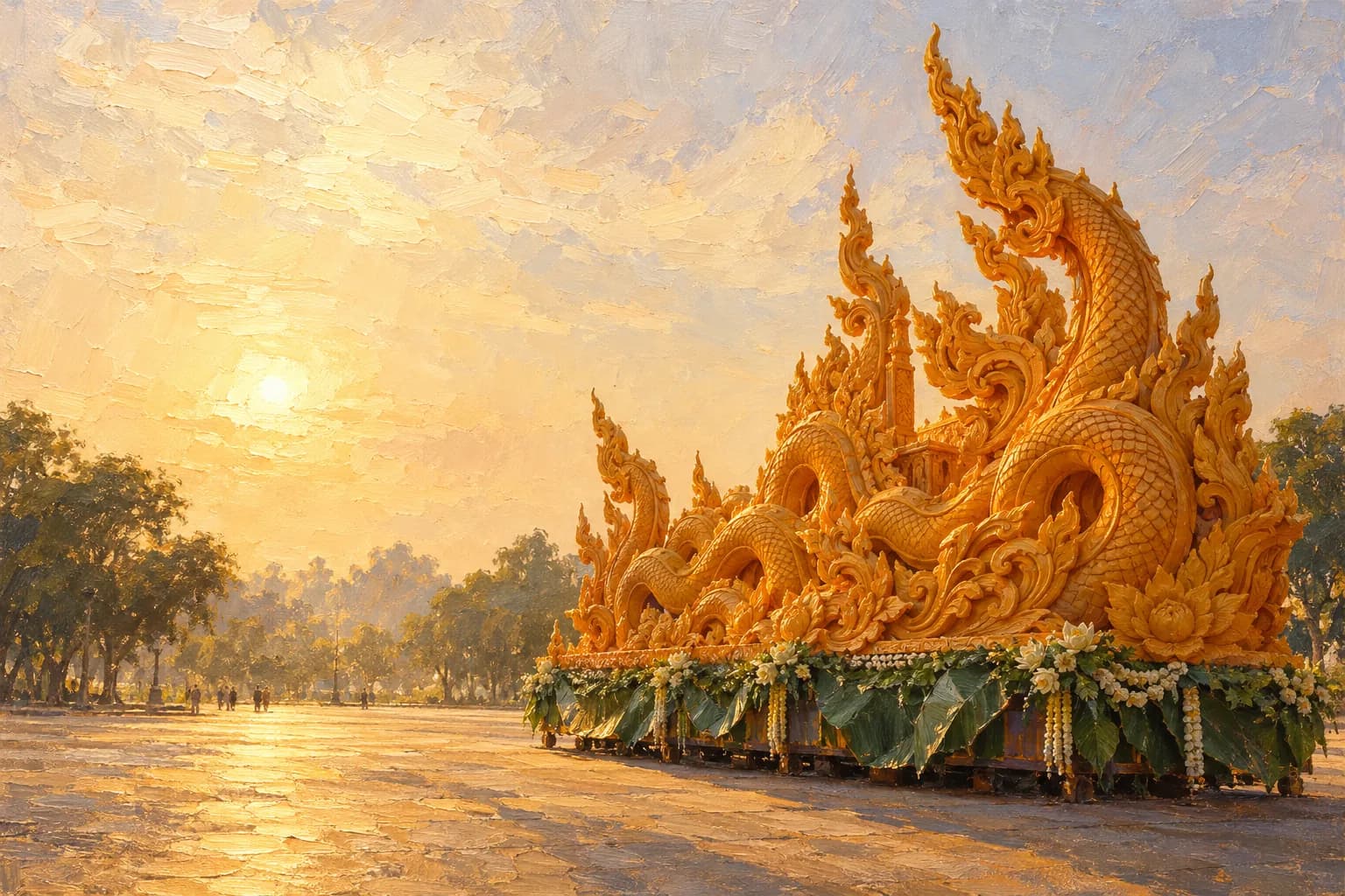油畫插畫:午後熱霾中停在廣場上的一座巨型蠟雕,蠟色金黃、盤著那伽,從不點燃,烏汶蠟燭節,泰國 — VoucherData 編輯部插畫