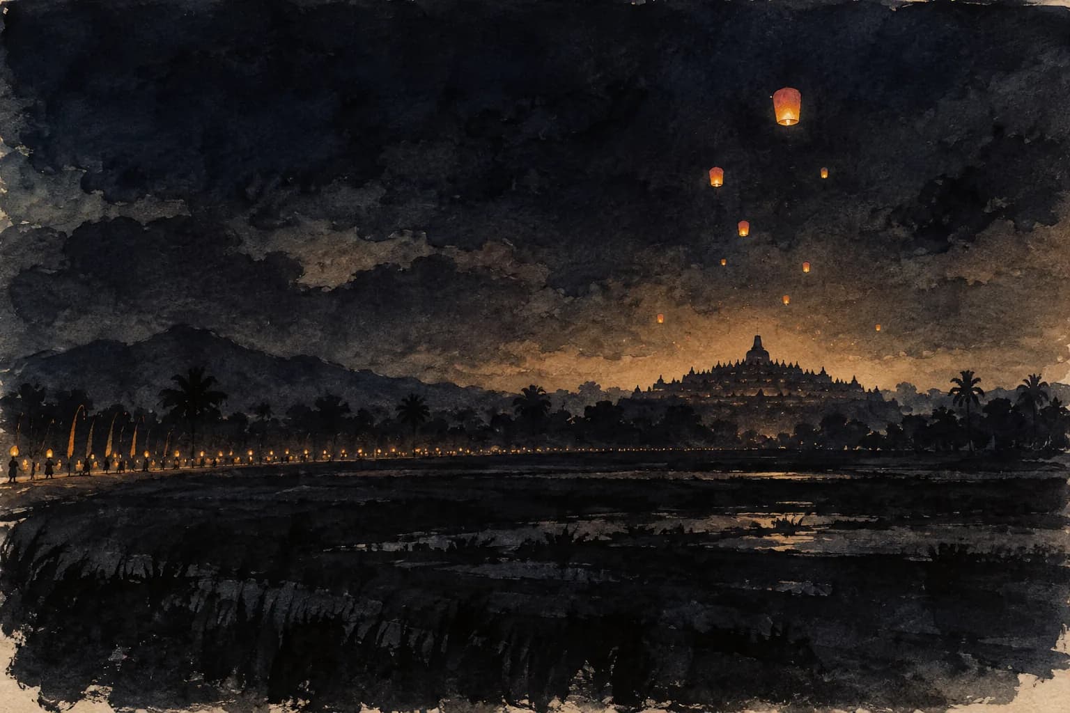 水墨插畫:夜色裡遠方婆羅浮屠的剪影,幾盞紙燈緩緩升空,婆羅浮屠衛塞節,印尼中爪哇 — VoucherData 編輯部插畫