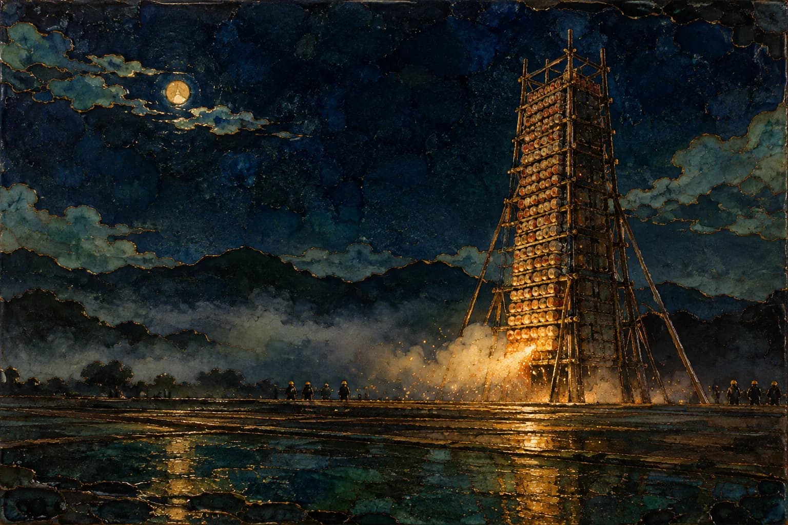 釉彩插畫:夜裡遠方一座插滿沖天炮的炮城,底部剛迸出第一串火花,鹽水蜂炮,台灣台南 — VoucherData 編輯部插畫